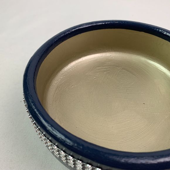 Wood Trinket Bowl Hand Painted Blue Metallic Silver Jeweled Repurposed Crafted - Picture 8 of 10